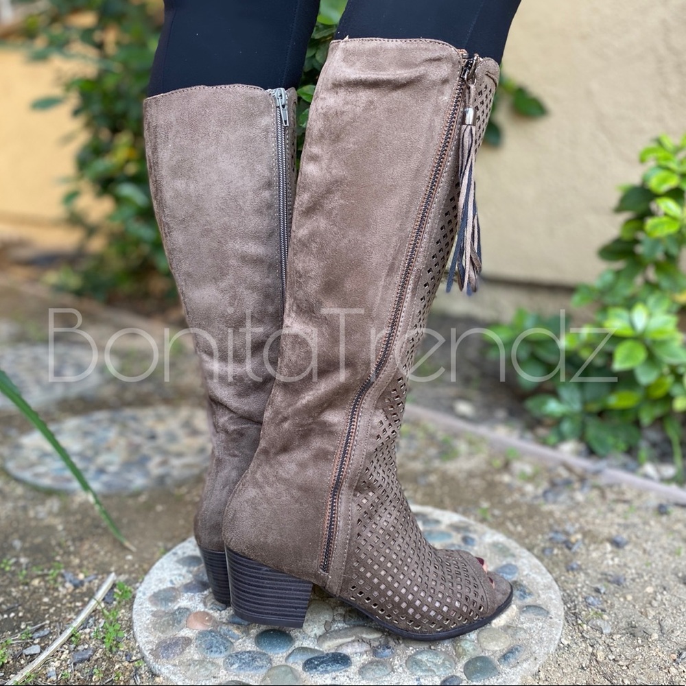NEW. Taupe Vegan Suede Peep Toe  Laser Cut boots / Never wore them 🙂 / ON SALE - Picture 5 of 6